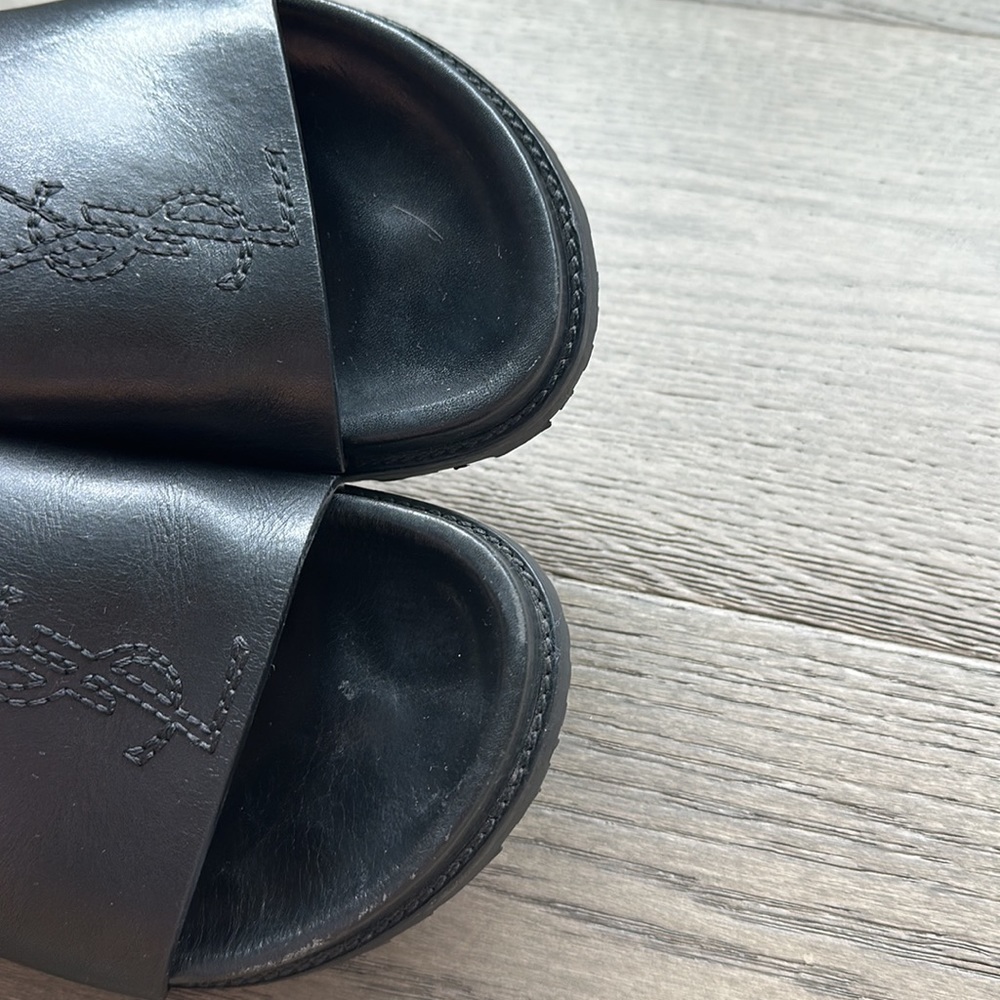 Saint Laurent Jimmy Logo Black Leather Embroidered Slide Sandals - Picture 6 of 6